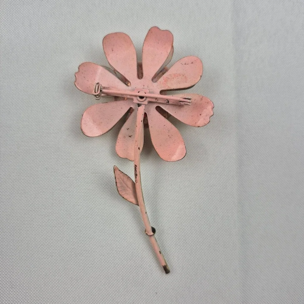 Vtg Enamel Flower Brooch‎ Pink Green Daisy 3.5
